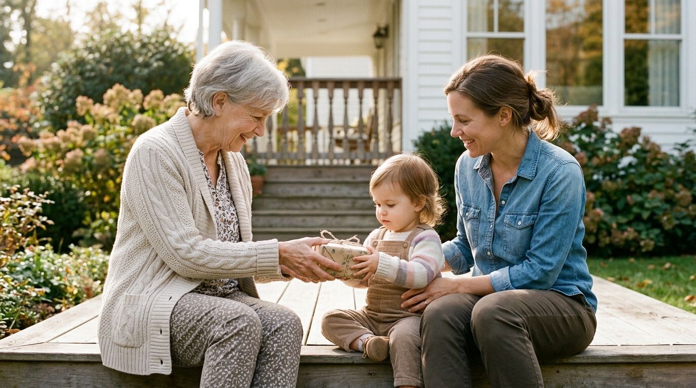 Grandmother handing a wrapped gift to a toddler on a front porch, a family gift that can fall under the annual gift tax exclusion