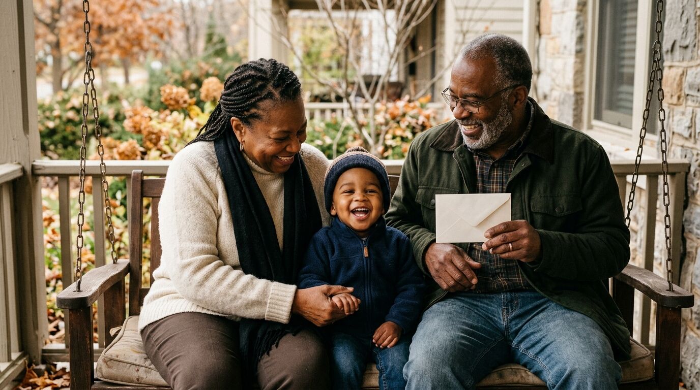 Grandparents on a sunlit porch swing with a toddler between them, illustrating the annual gift tax exclusion and life insurance for children