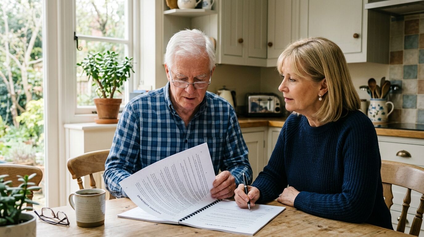 A retired couple at a kitchen table reading an annuity contract together, the moment before understanding annuity surrender charges and fees