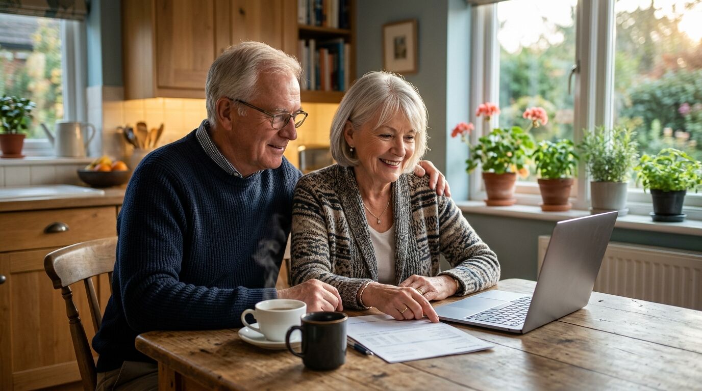 A retired couple at their kitchen table comparing an annuity vs a CD for retirement income