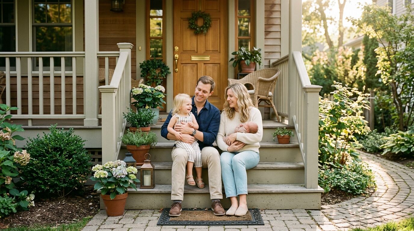 A father holding his toddler on the porch while the mother sits beside them, thinking about the best age to buy life insurance for a child