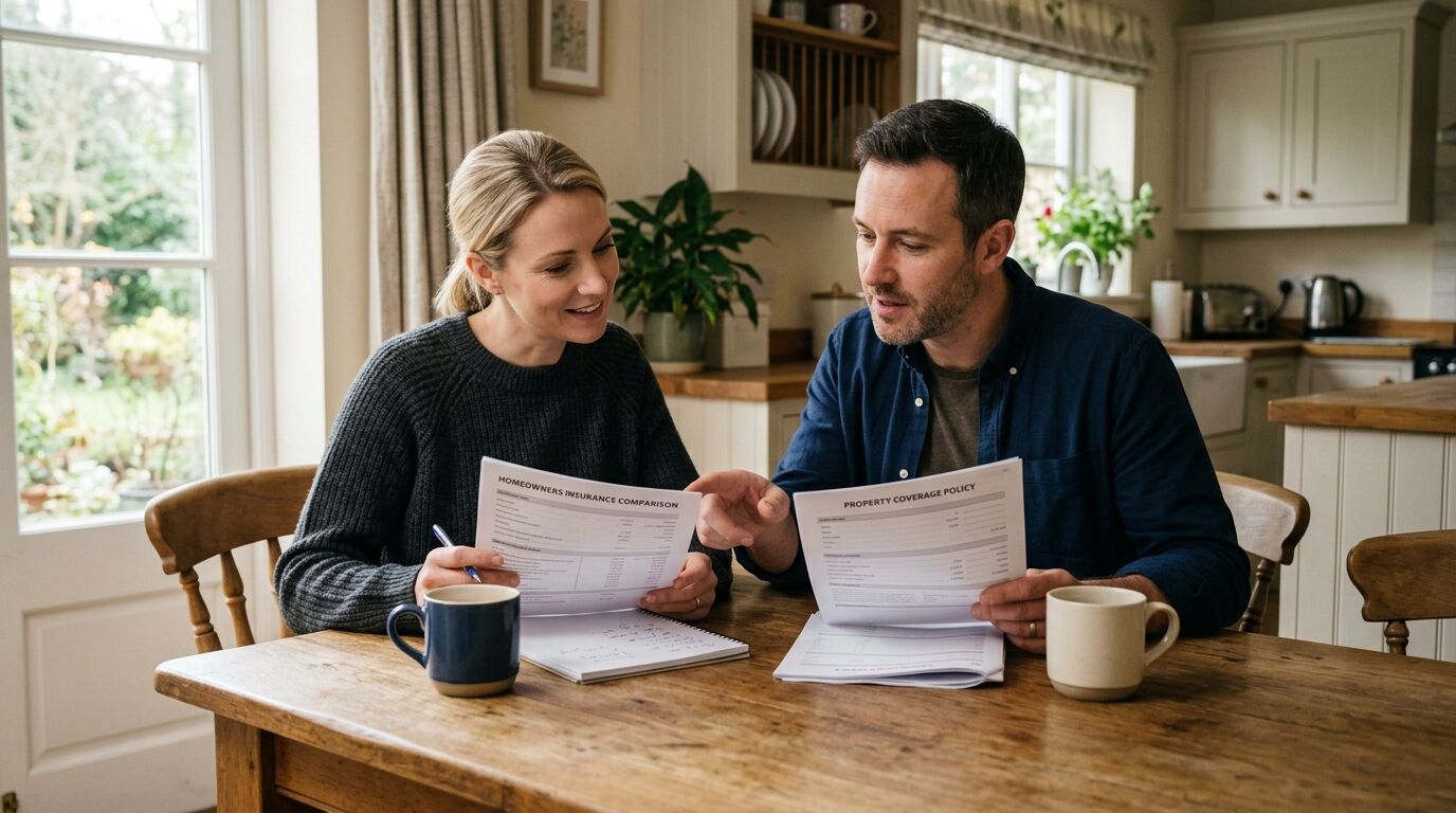 A couple comparing whole life illustrations from mutual carriers at a kitchen table, the research behind choosing A+ rated carriers for infinite banking