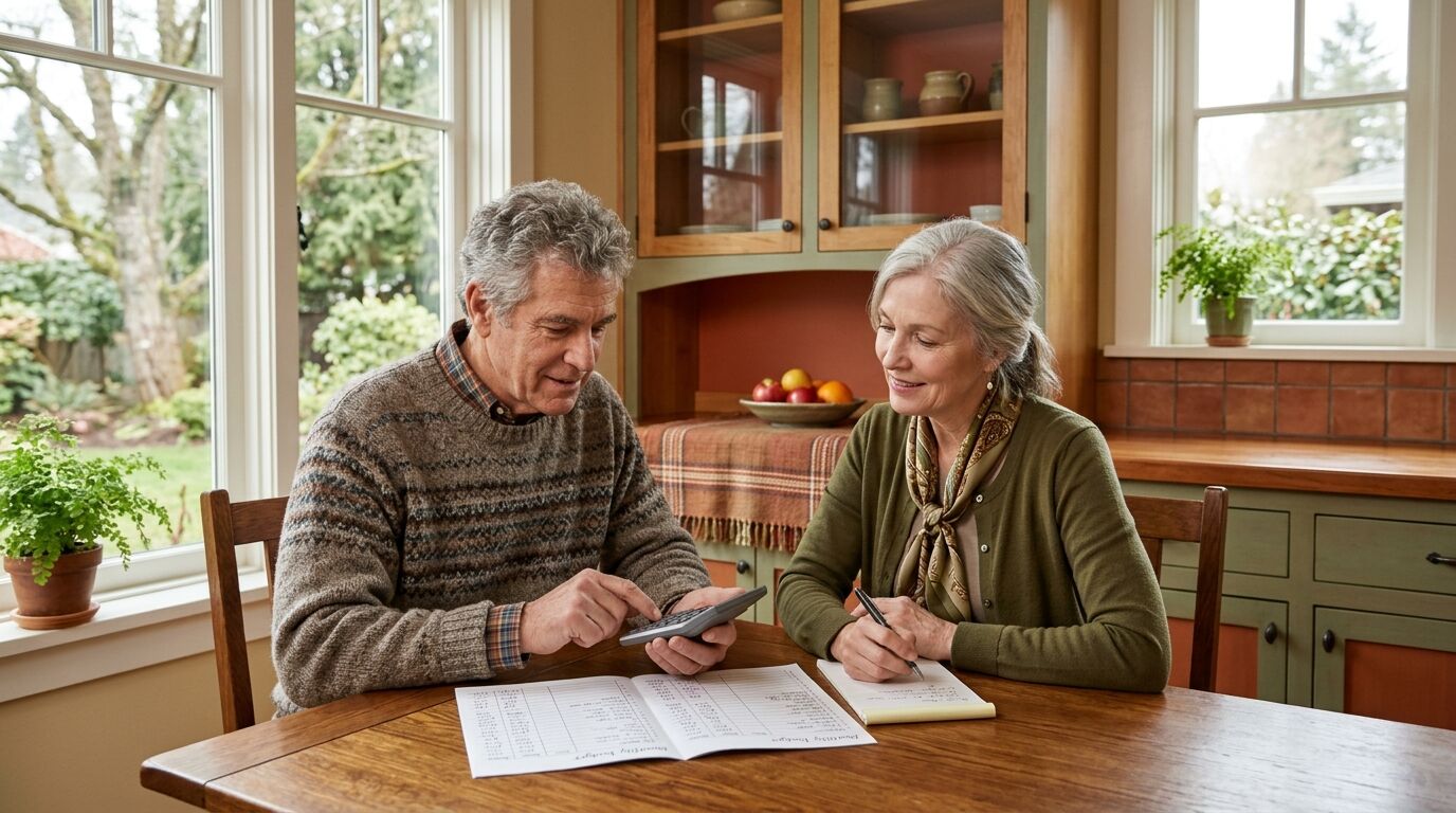 A couple at a kitchen table reviewing a monthly retirement paycheck plan with a notepad and calculator