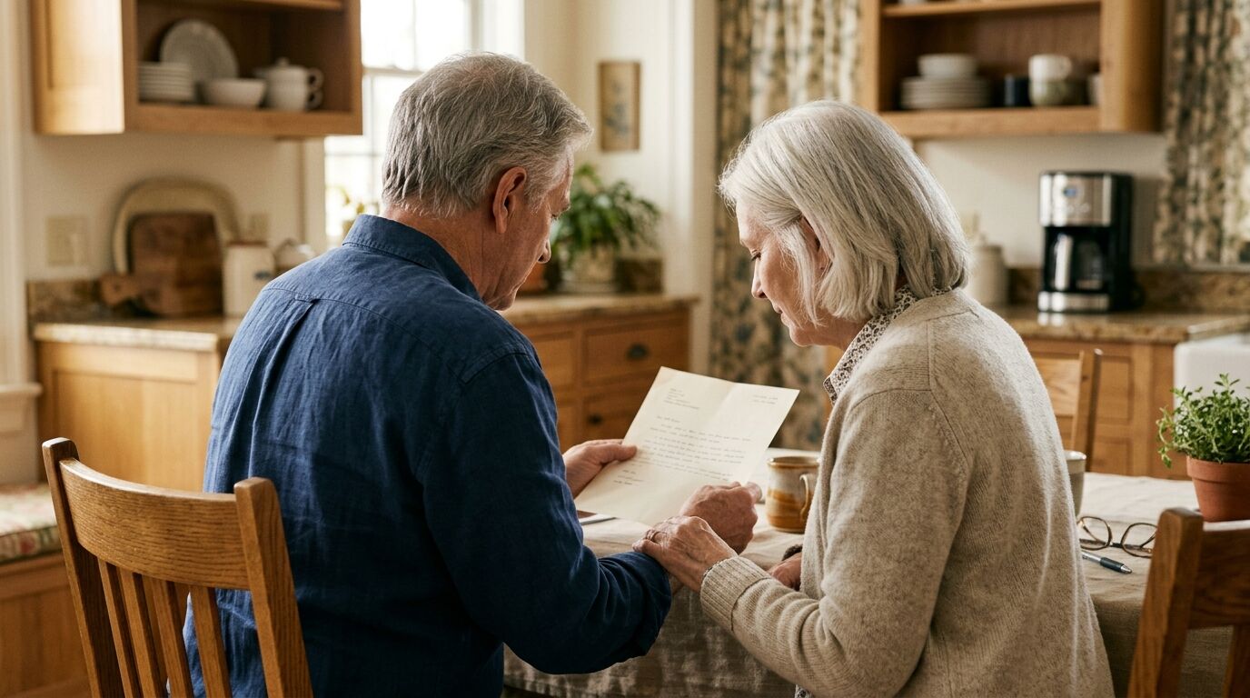 An older couple reviewing final expense insurance paperwork at a kitchen table