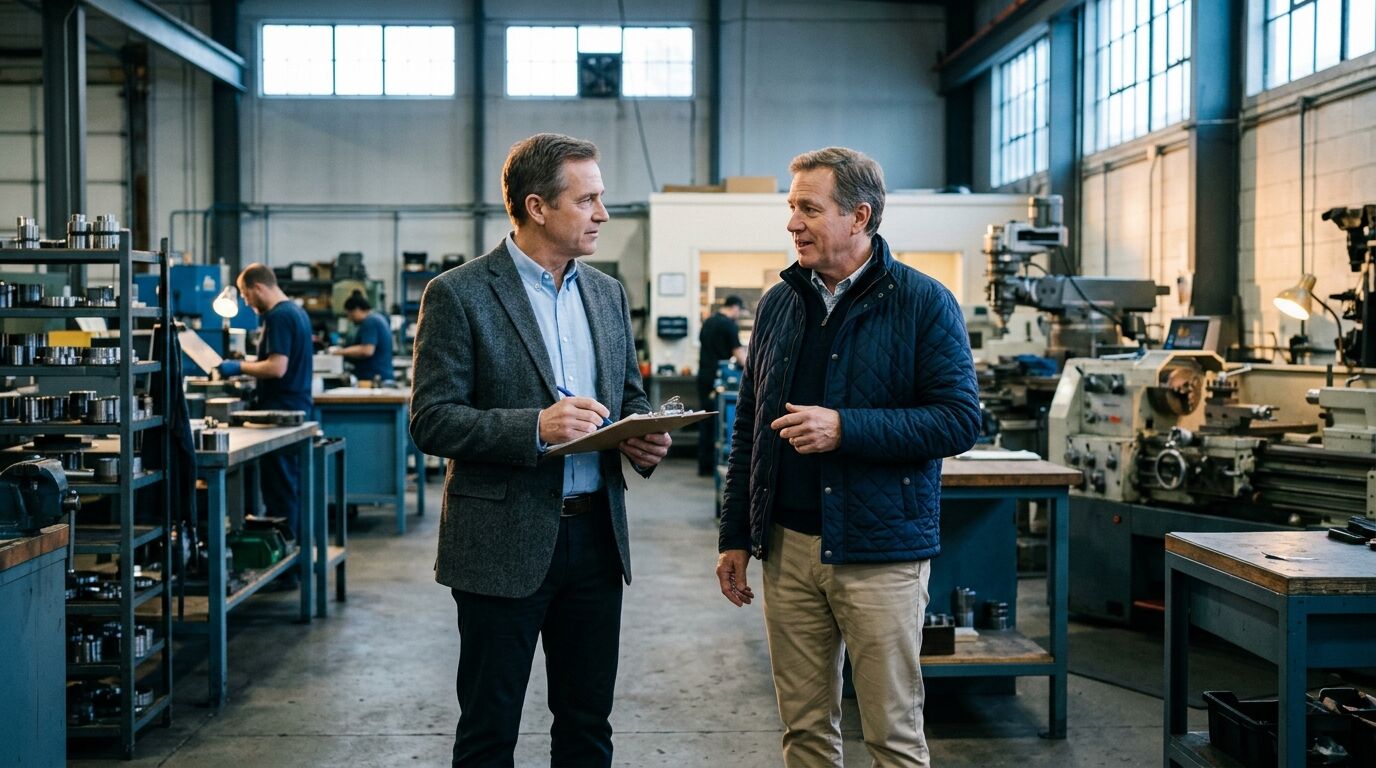 Two company owners on a shop floor working through business succession planning with life insurance