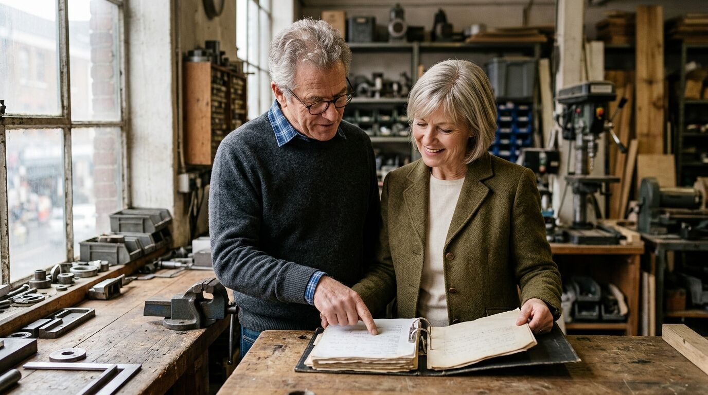 Two business partners going through a buy sell agreement review checklist and a binder of documents at a workbench in their shop