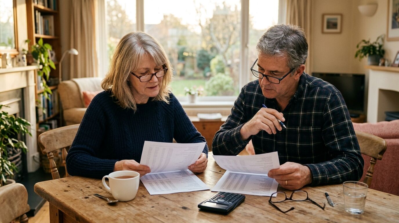 A couple in their fifties comparing a bond statement and a policy statement at a dining table, weighing cash value life insurance vs municipal bonds