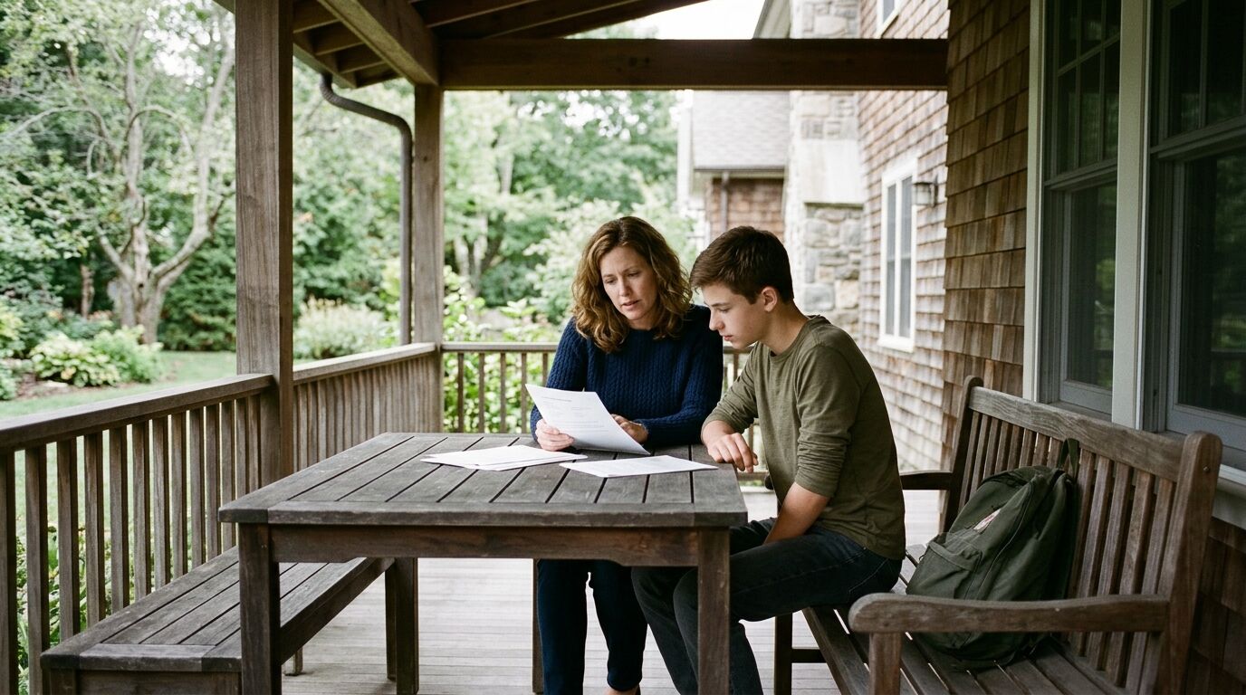 A mother and her teenage son at a wooden porch table reviewing printed pages about college savings alternatives to a 529 plan