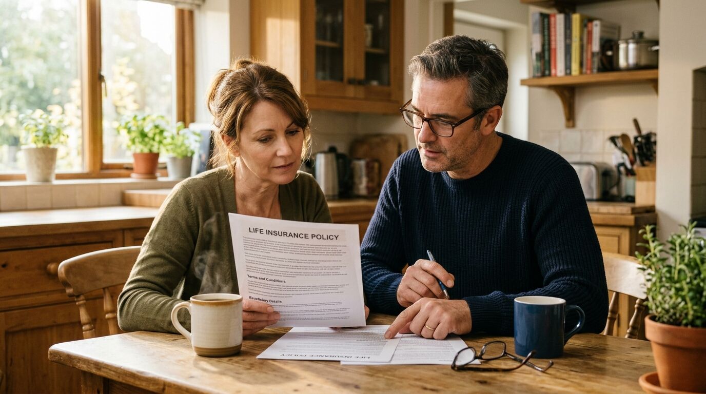 A couple at a kitchen table reading policy pages before converting term life to whole life insurance