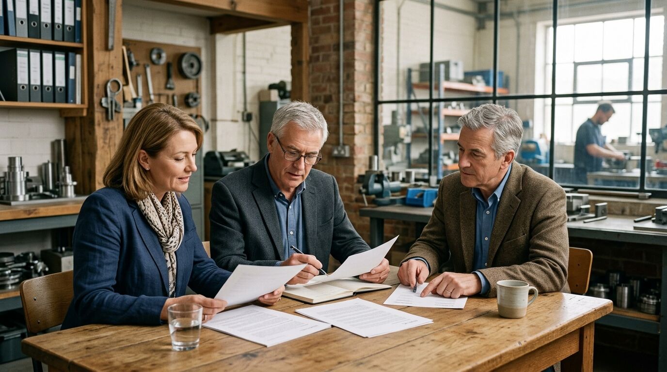 Two business owners reviewing a cross purchase buy-sell agreement with an advisor