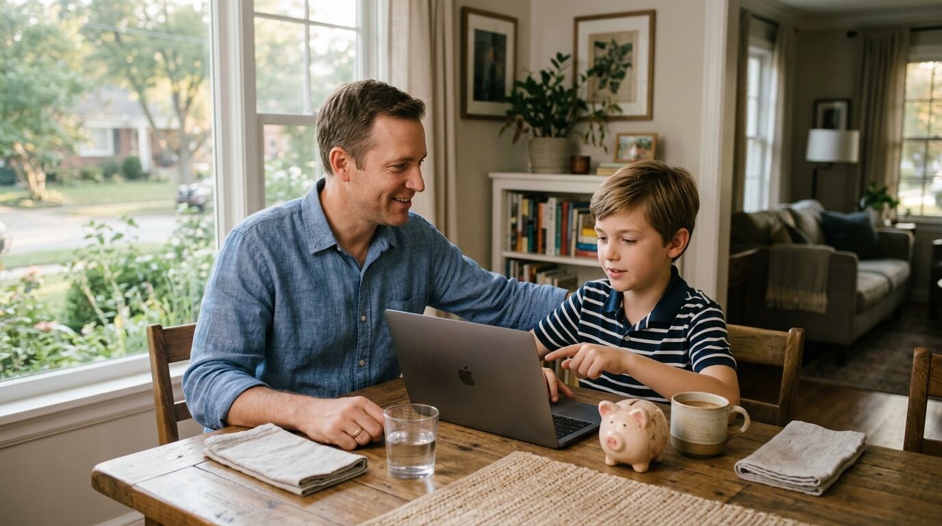 A father and his young son at a kitchen table comparing a custodial account with whole life insurance for kids