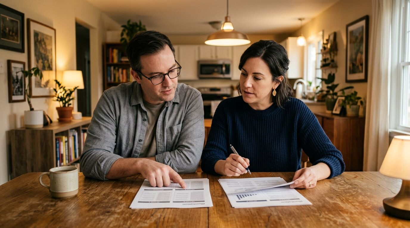 A couple comparing two whole life illustrations at home to check how direct recognition affects policy loan values