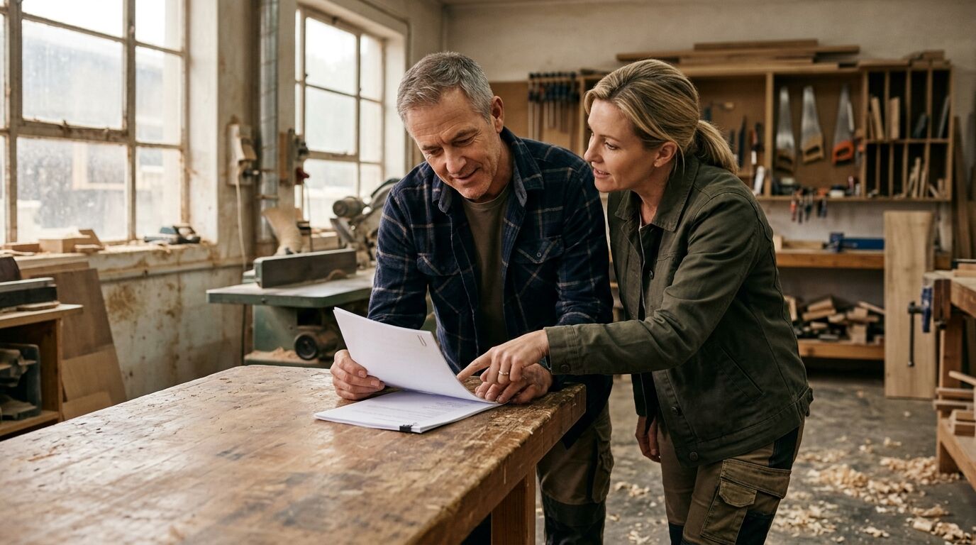 Two business partners reviewing a buy sell agreement at a workshop bench, discussing disability buyout coverage vs life insurance