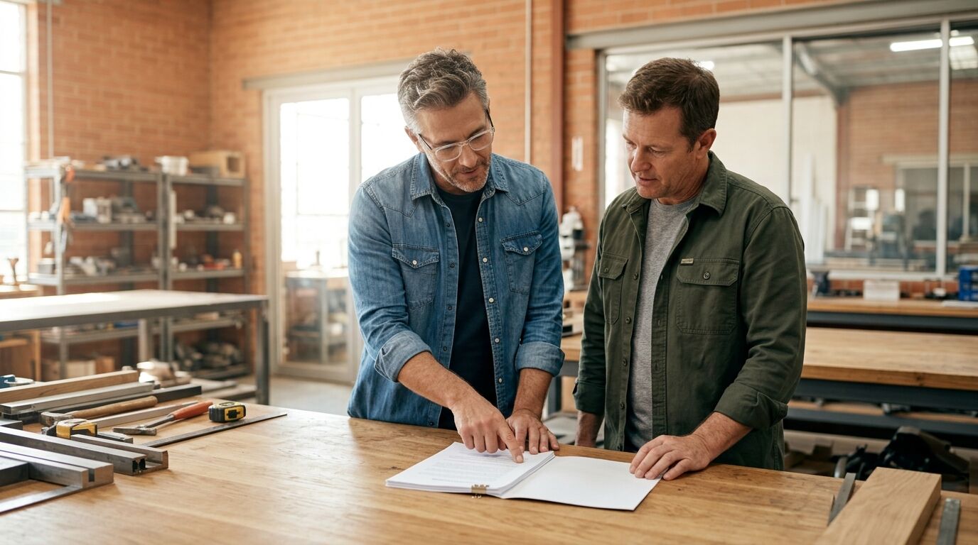 Two business partners reviewing a printed agreement together at a workshop bench, a picture of disability buyout coverage vs life insurance buy sell planning