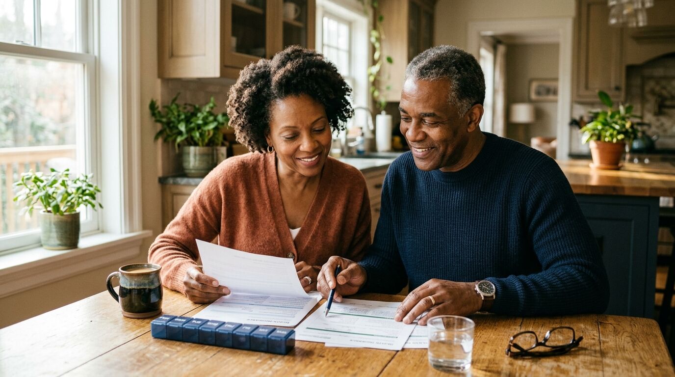 A man reviewing life insurance paperwork at his kitchen table with his wife, asking whether life insurance covers pre-existing conditions
