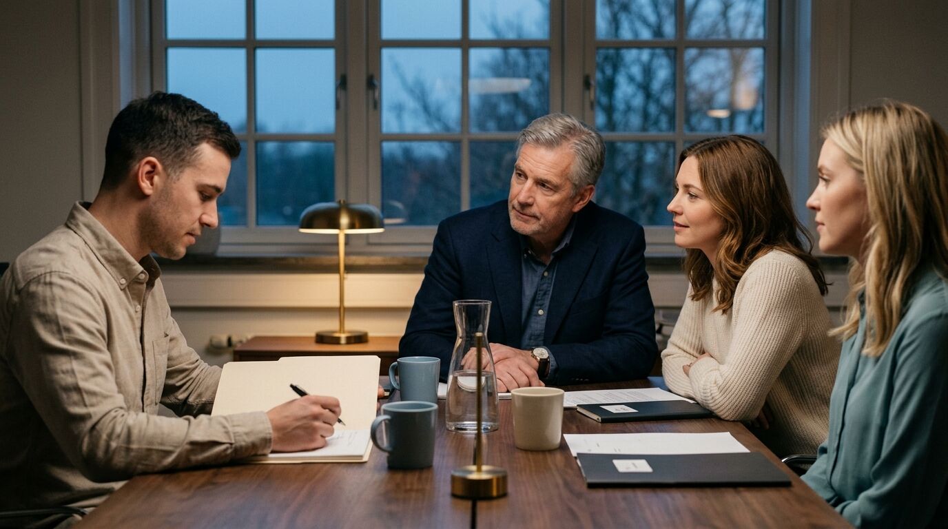 Parent and adult children at a family business office table discussing equalizing inheritance when one child runs the family business