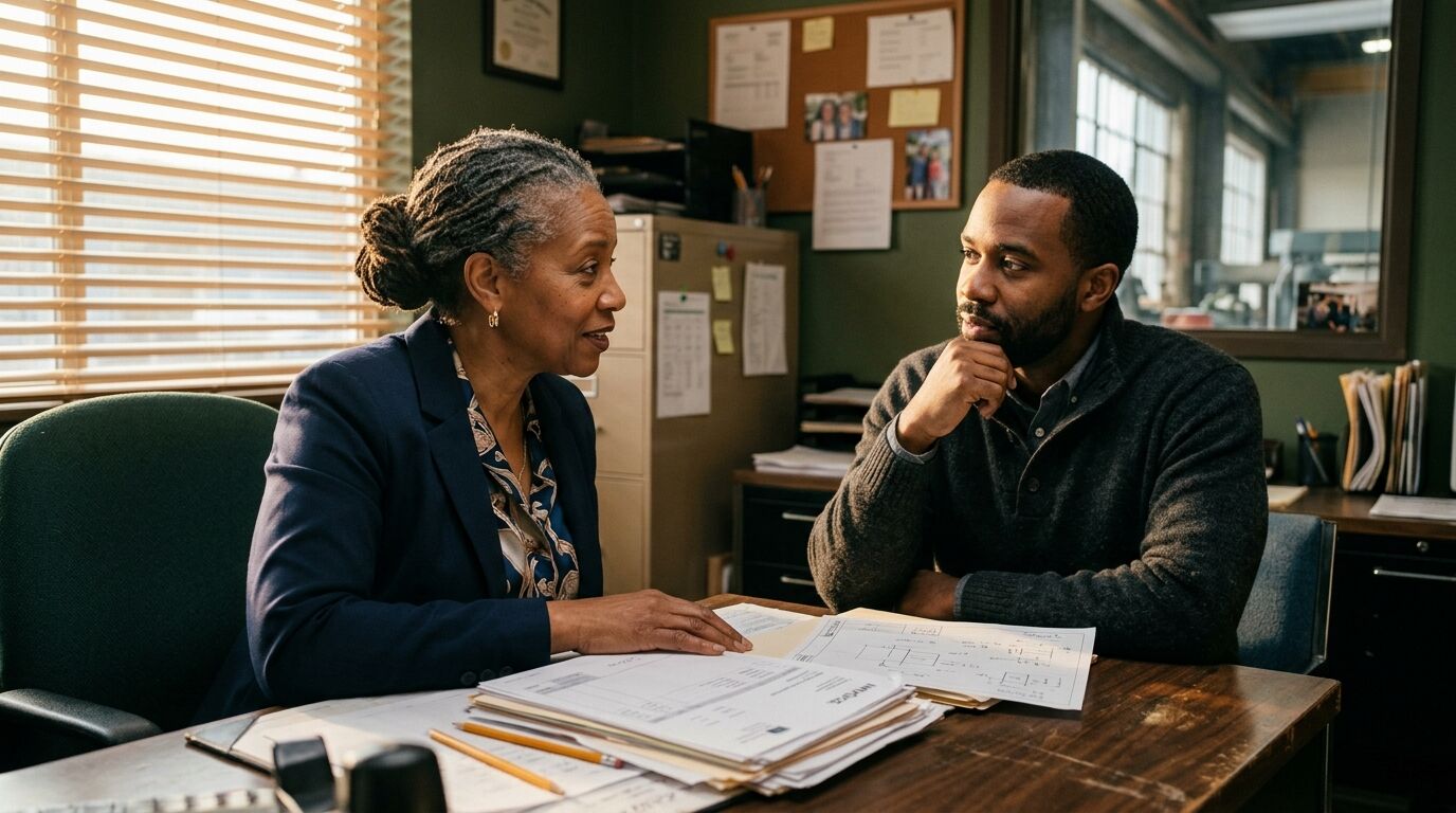 A business owner and a key manager talking across a desk about an executive bonus plan funded with life insurance