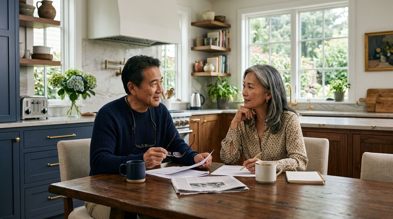A couple in their early sixties at a kitchen table reviewing a retirement income plan, the decision point behind fixed indexed annuity pros and cons
