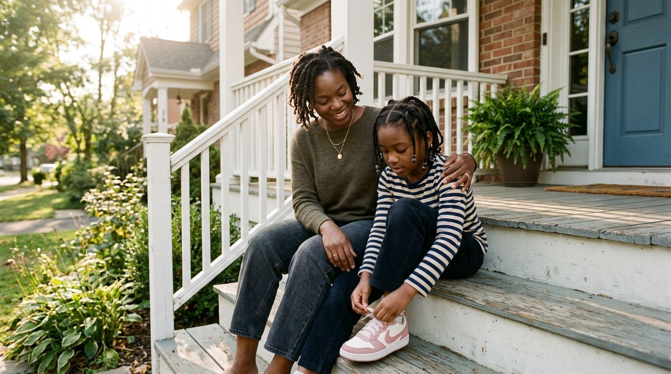 A mother and her young daughter on their front steps, the kind of family a guaranteed insurability rider for children is designed to protect