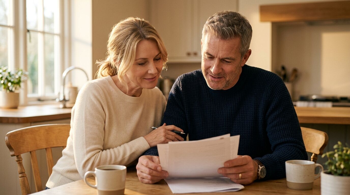 A couple reviewing their cash value life insurance policy at a sunlit kitchen table