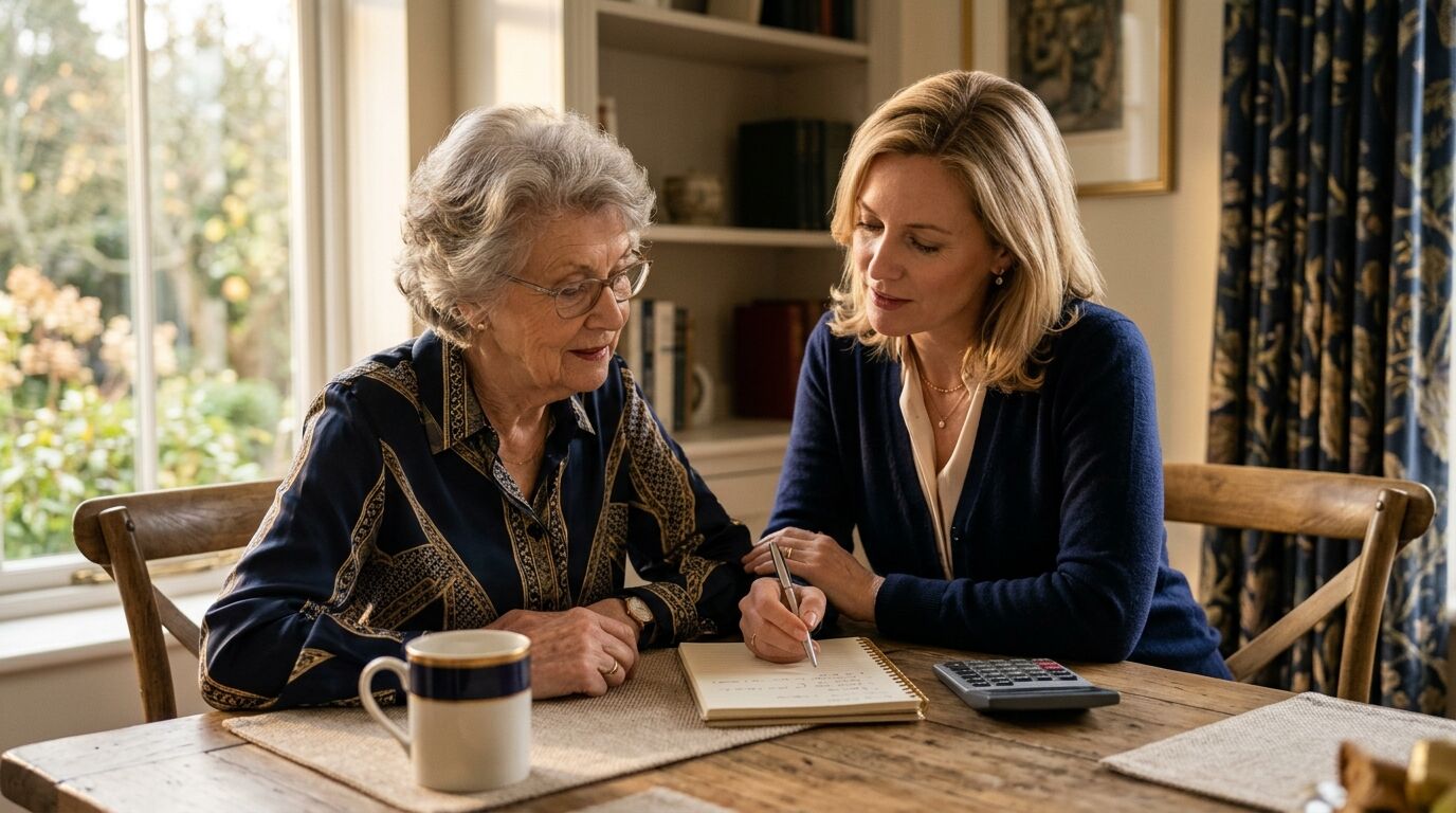 A mother and daughter at a dining table working out how much final expense insurance they need