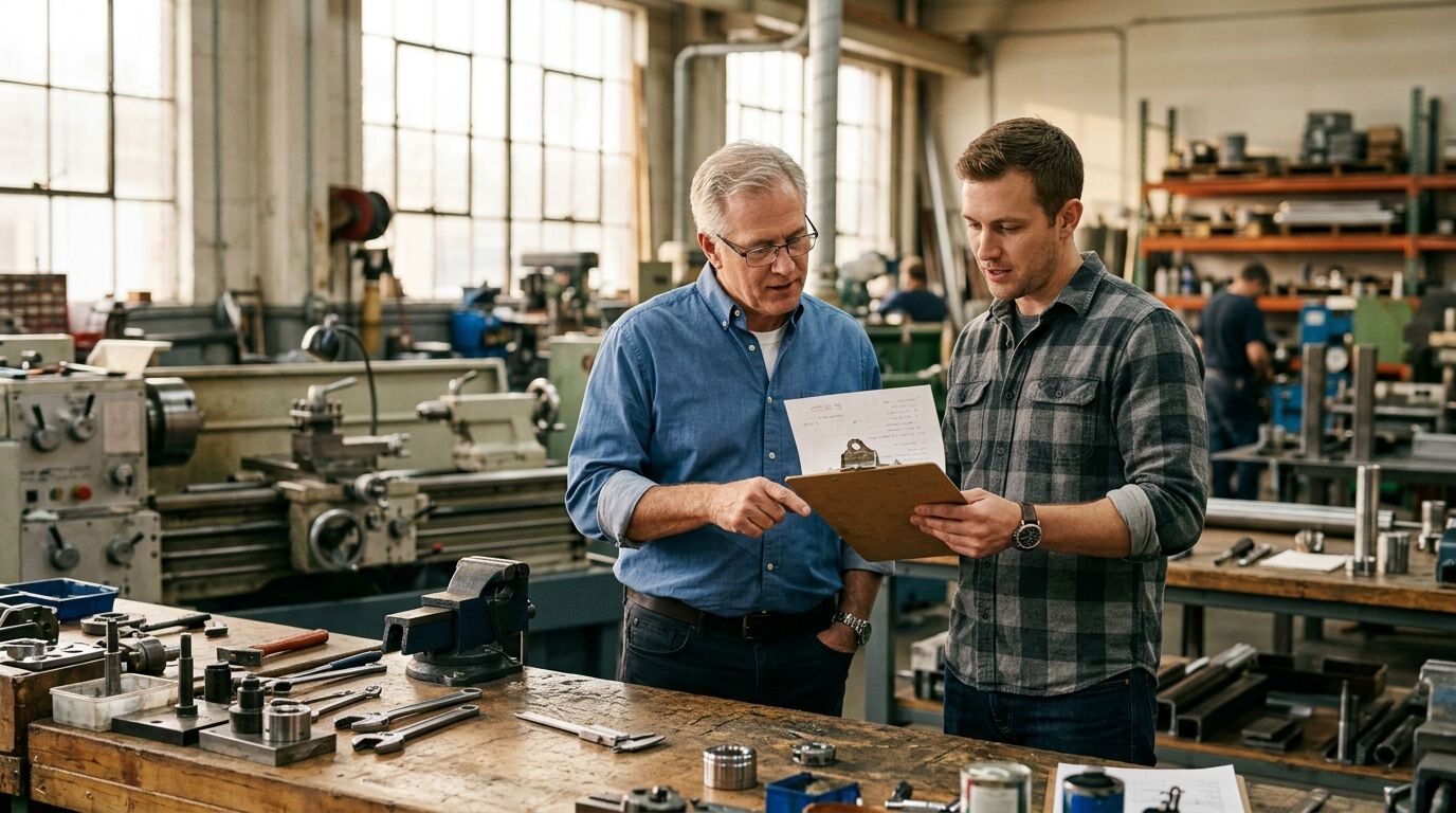 A business owner and a key employee reviewing figures, the starting point for how much key person insurance a business needs