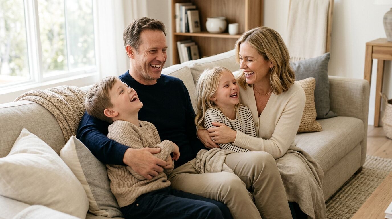 A young family at a sunlit kitchen table working out how much life insurance they need