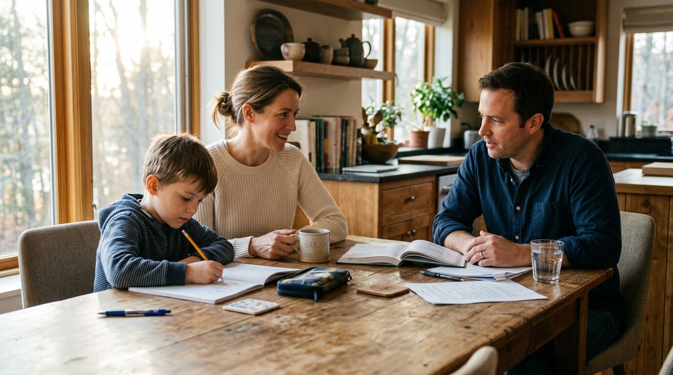 Parents at a kitchen table with their young son, working out how much life insurance a child should have