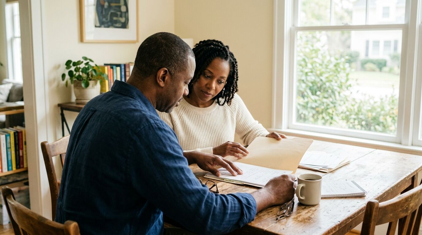 Couple reviewing their savings plan together at a table, deciding how much savings belong in cash value life insurance