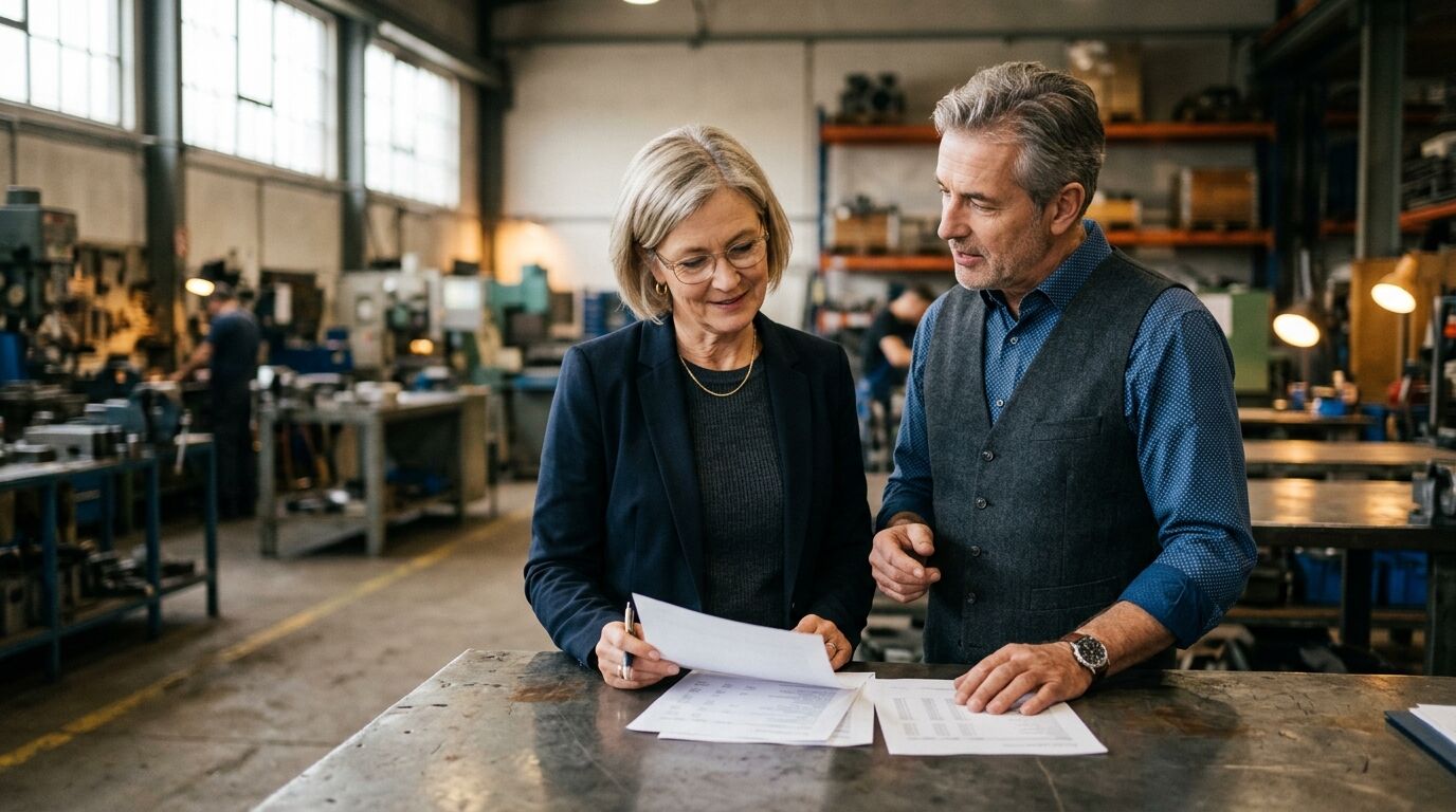 Two owners of an employee owned manufacturer reviewing a plan to fund ESOP repurchase liability at a shop floor table