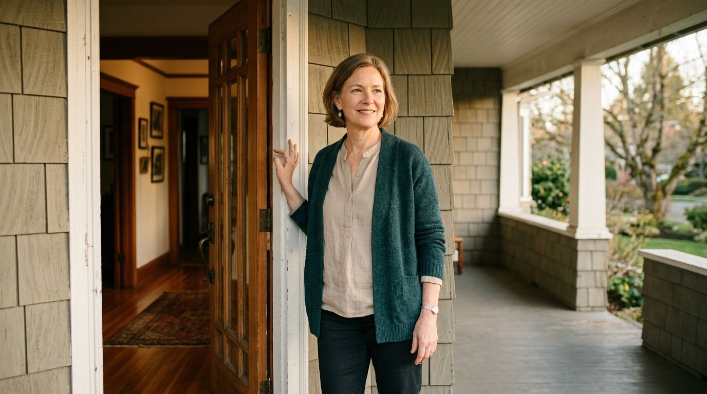 A woman standing in the doorway of the family home she was able to keep after a spouse dies