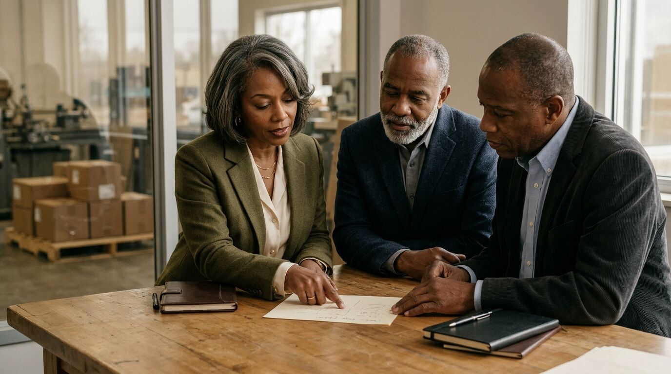 A business owner and two senior managers reviewing a retention plan around a table in a small company conference room
