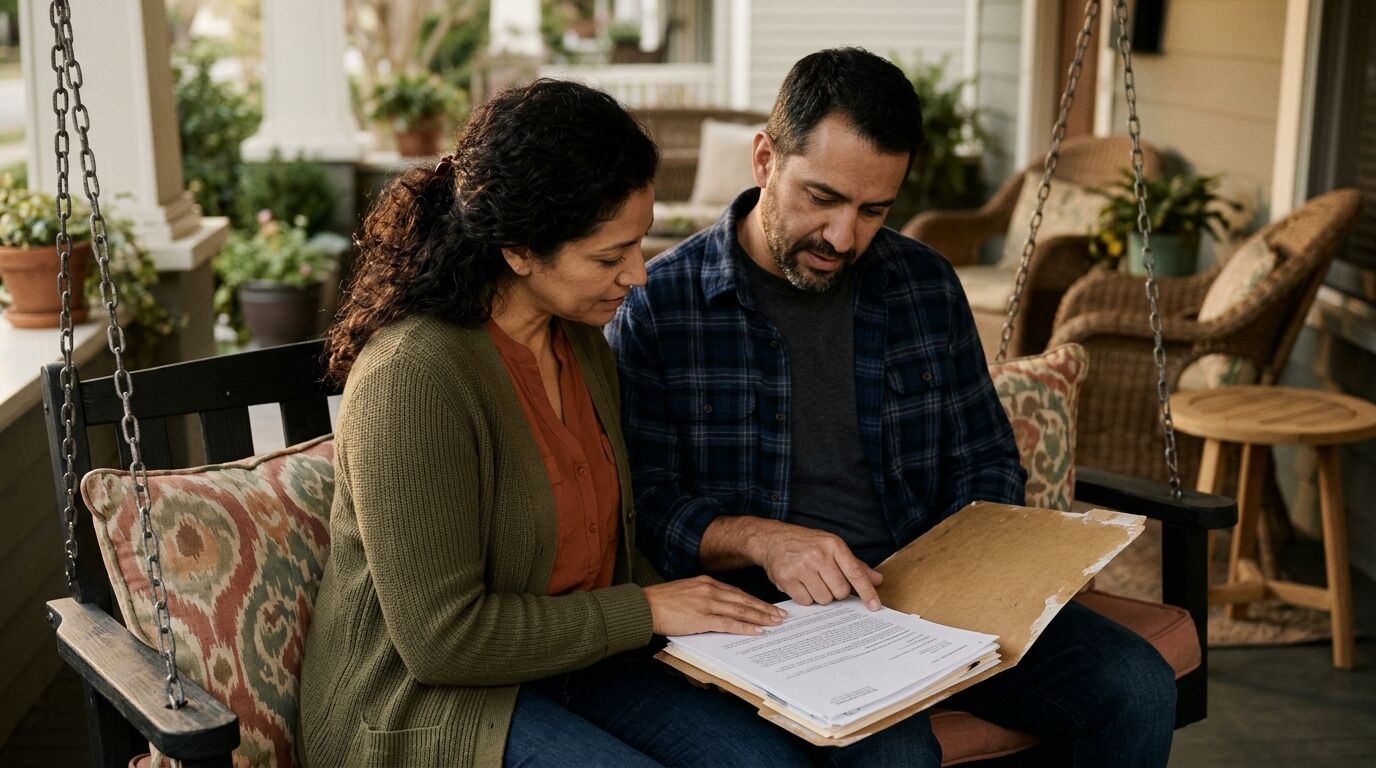A married couple on a porch swing going through a folder of life insurance policy papers to review their policy every year