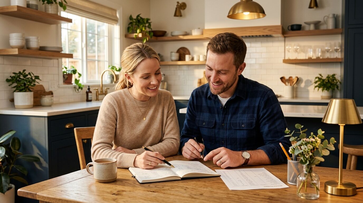 Young couple reviewing a modest monthly budget at a kitchen table to start infinite banking with a small budget