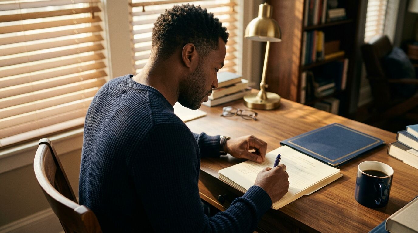 A man at a home office desk beginning policy paperwork, the practical first step in how to start infinite banking