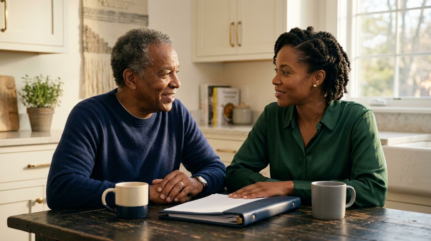 Adult daughter and her father at a kitchen table talking about how to talk to your parents about estate planning, with a folder of family papers