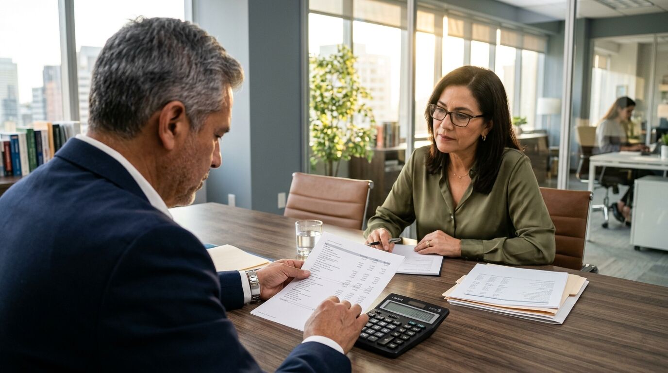 Two business partners reviewing financial statements at a conference table to value their company for a buy sell agreement