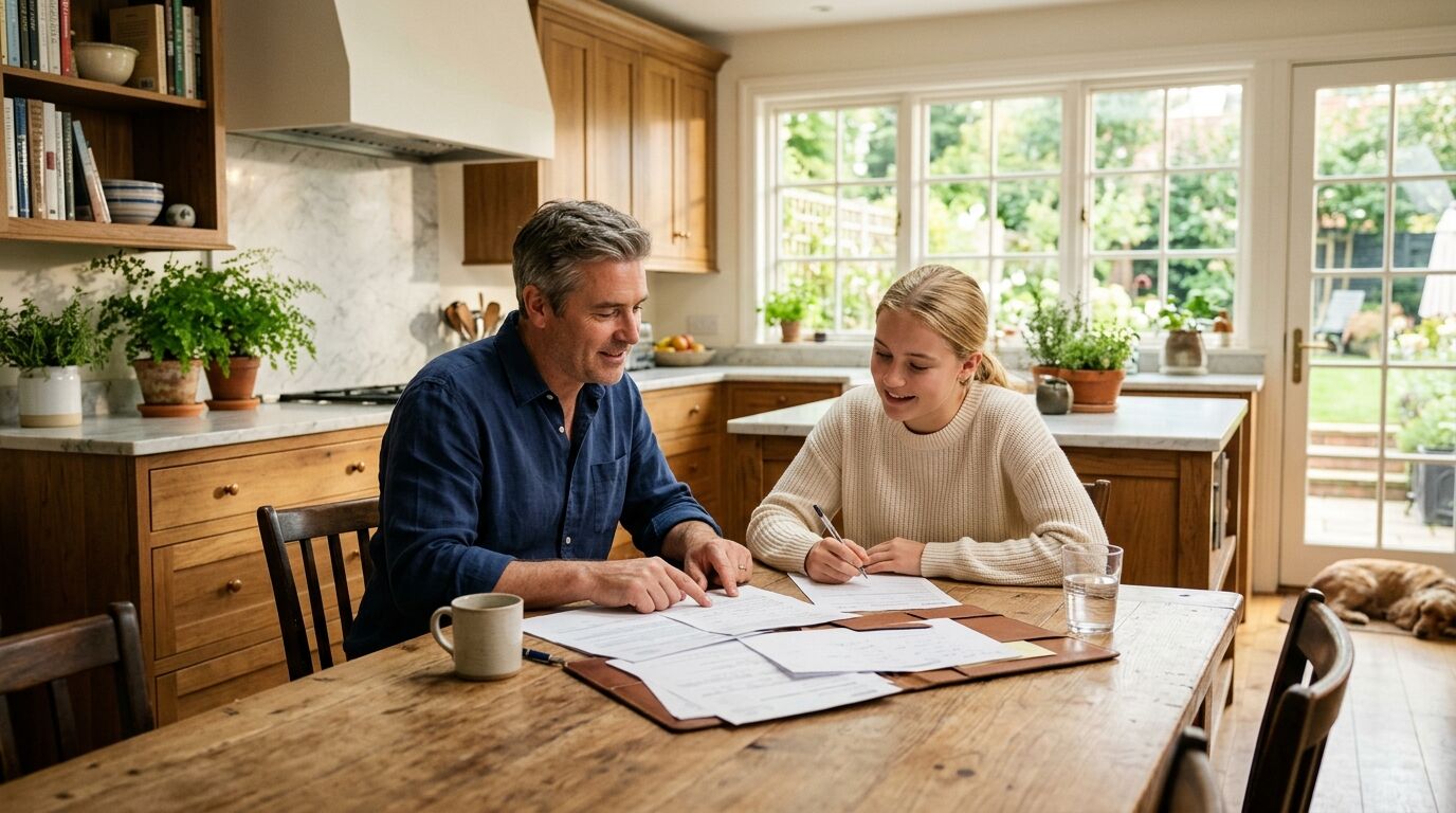 A father and teenage daughter looking over paperwork at a kitchen table, illustrating an increasing death benefit in participating whole life