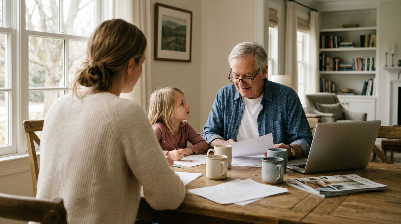 A grandfather, his adult daughter and a young child at a dining table with policy papers, infinite banking across generations in practice