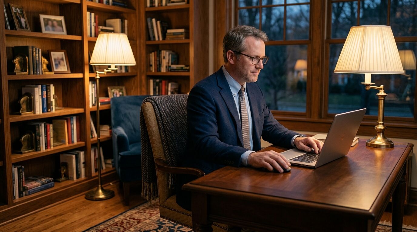 A person managing their own finances at home, representing infinite banking with whole life insurance
