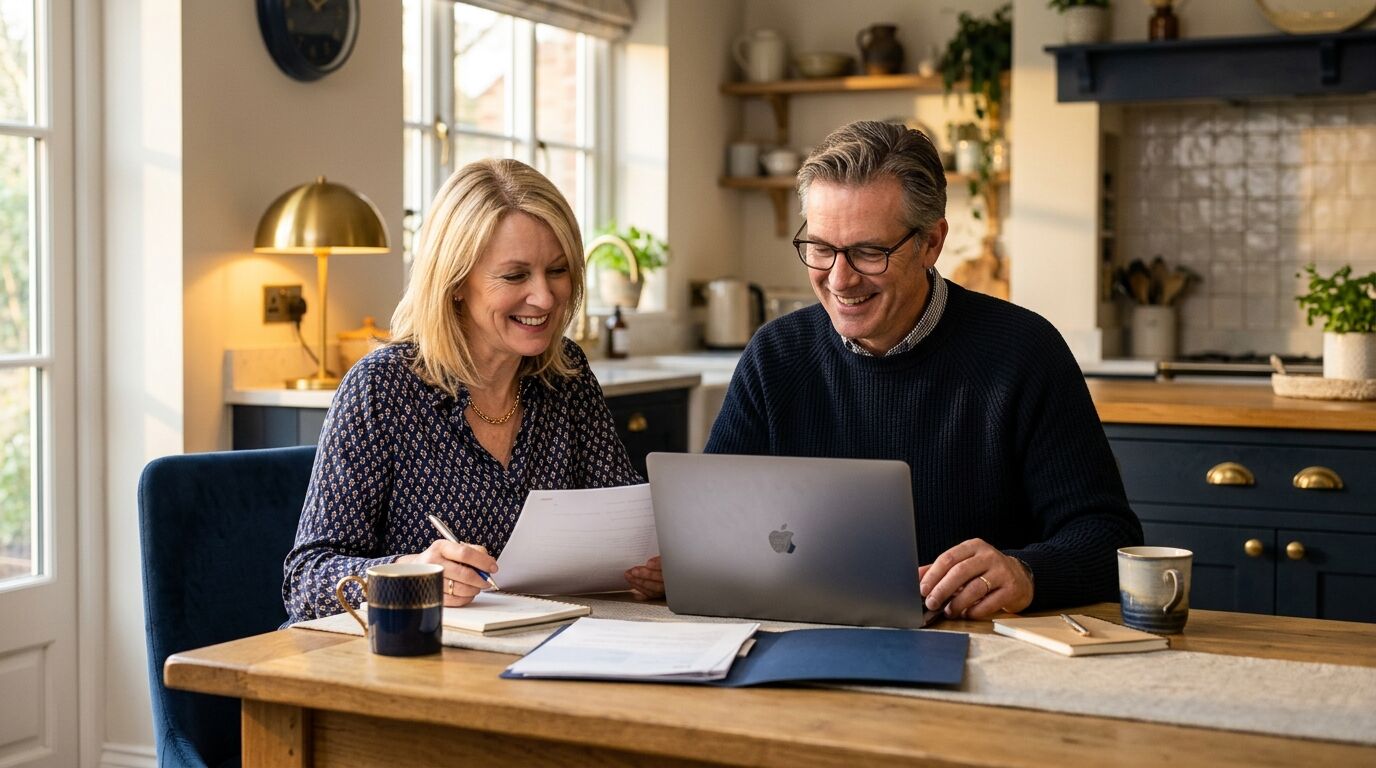 Couple in their fifties reviewing a retirement plan at a kitchen table, ready for infinite banking for people in their 50s