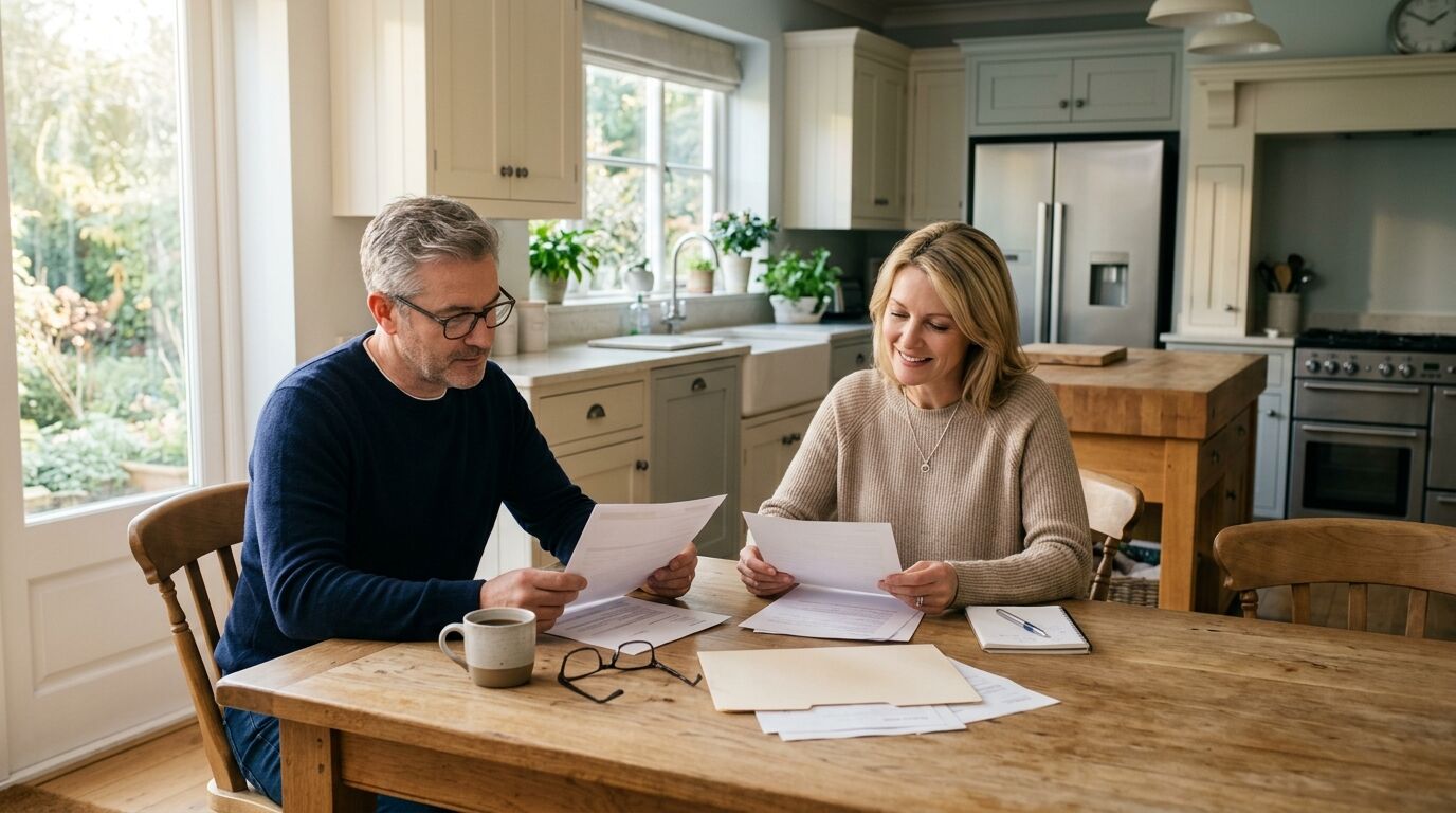 Infinite banking vs 401k compared: a couple reviewing retirement paperwork at a kitchen table