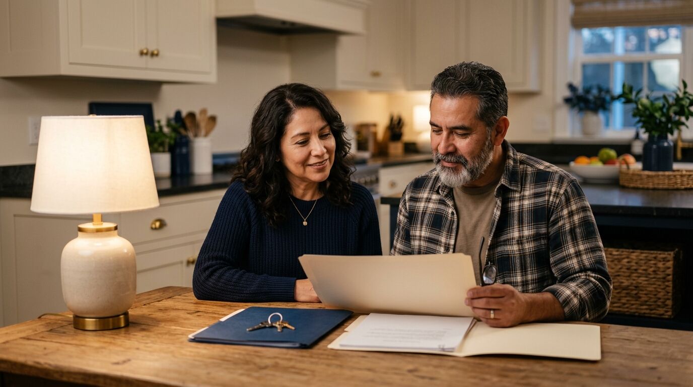 Homeowners at a kitchen table comparing a home equity line of credit with a whole life policy loan for infinite banking