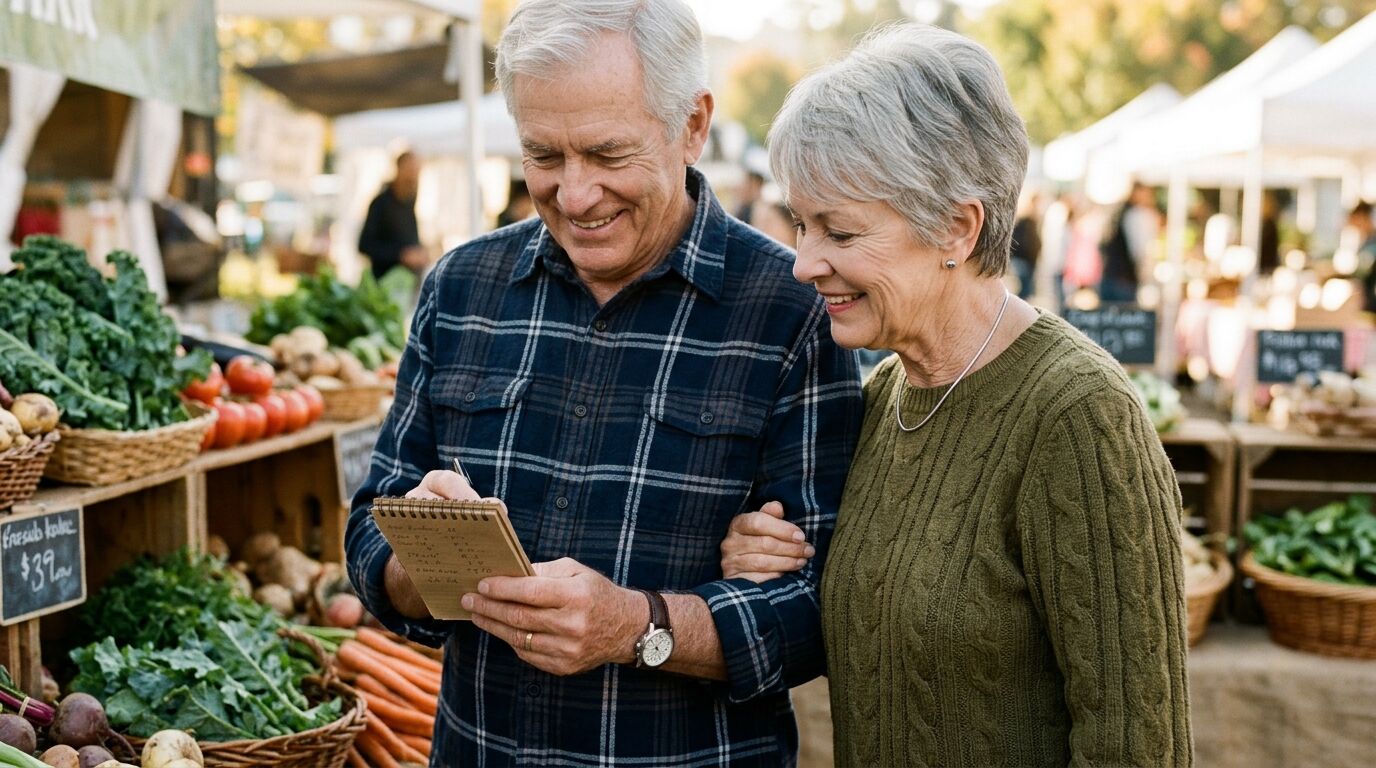 A retired couple comparing grocery prices at an outdoor market, a reminder of inflation risk in retirement income planning