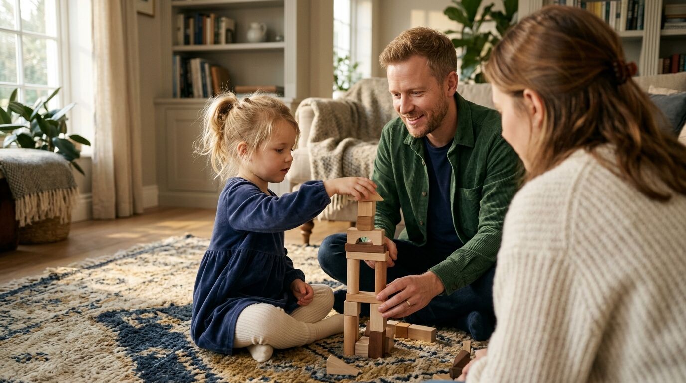 Parents and a young child comparing college savings options at the kitchen table