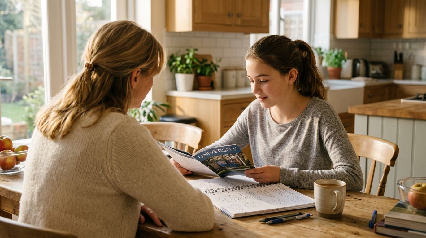 A mother and her young daughter at a kitchen table weighing juvenile whole life insurance vs a 529 plan