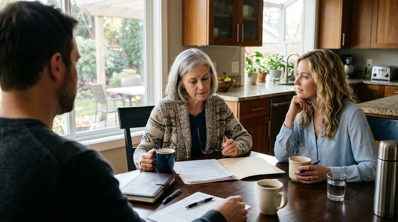 A mother and her adult children at a kitchen table reviewing inheritance paperwork