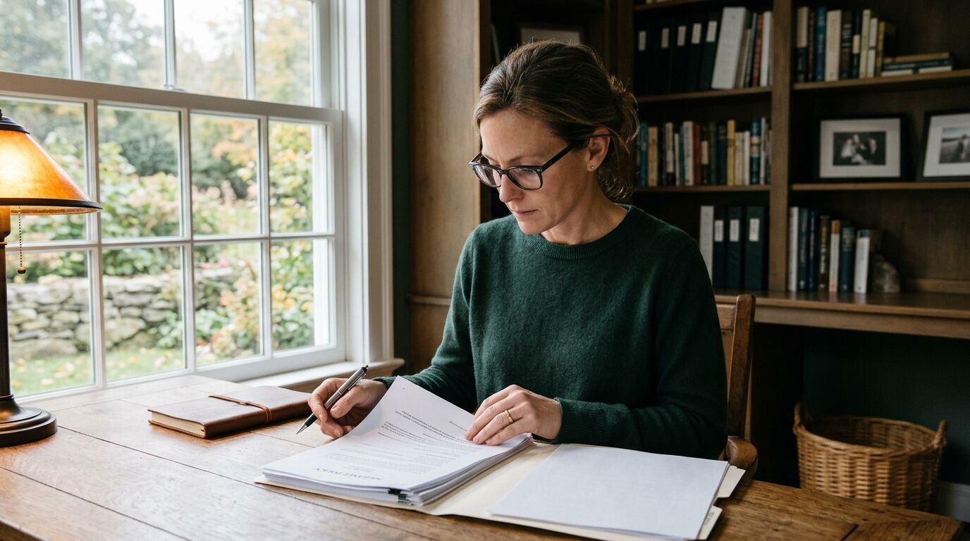A person at a desk reviewing a life insurance policy and divorce paperwork to update their beneficiary after divorce