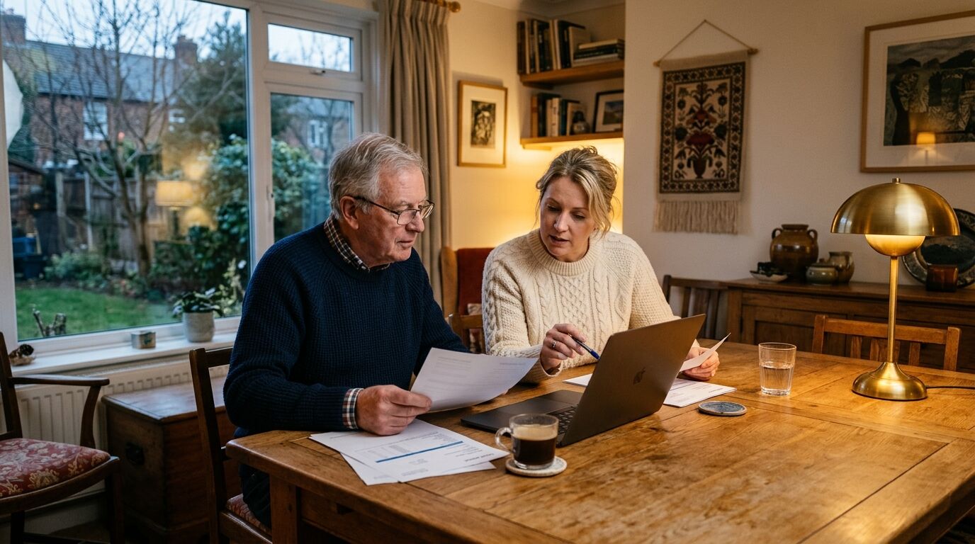A father and his adult daughter reviewing inherited IRA and life insurance paperwork at a dining table