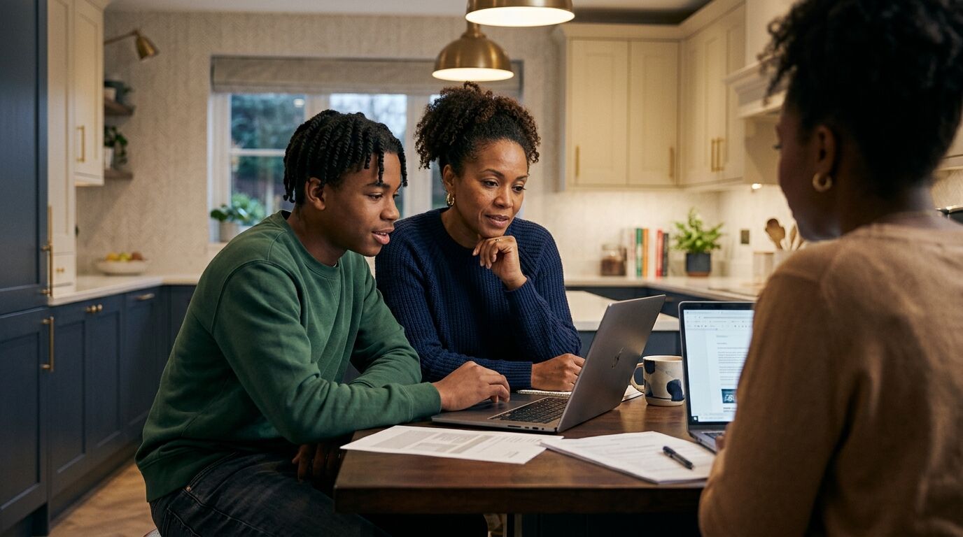 A parent and a college bound teenager filling out FAFSA paperwork at the kitchen table